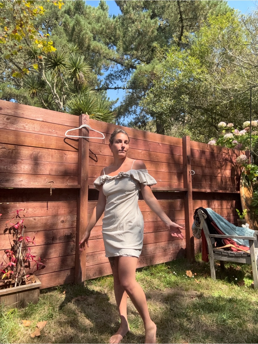 Linen Astr Beige Off-Shoulder Ruffle Dress - Picture 5 of 6